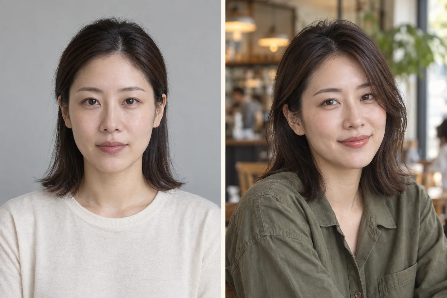 Two AI-generated interpretations of the same fictional adult with different styling, expression and setting. This illustrates presentation, not a measured score change, a controlled experiment or a customer transformation.