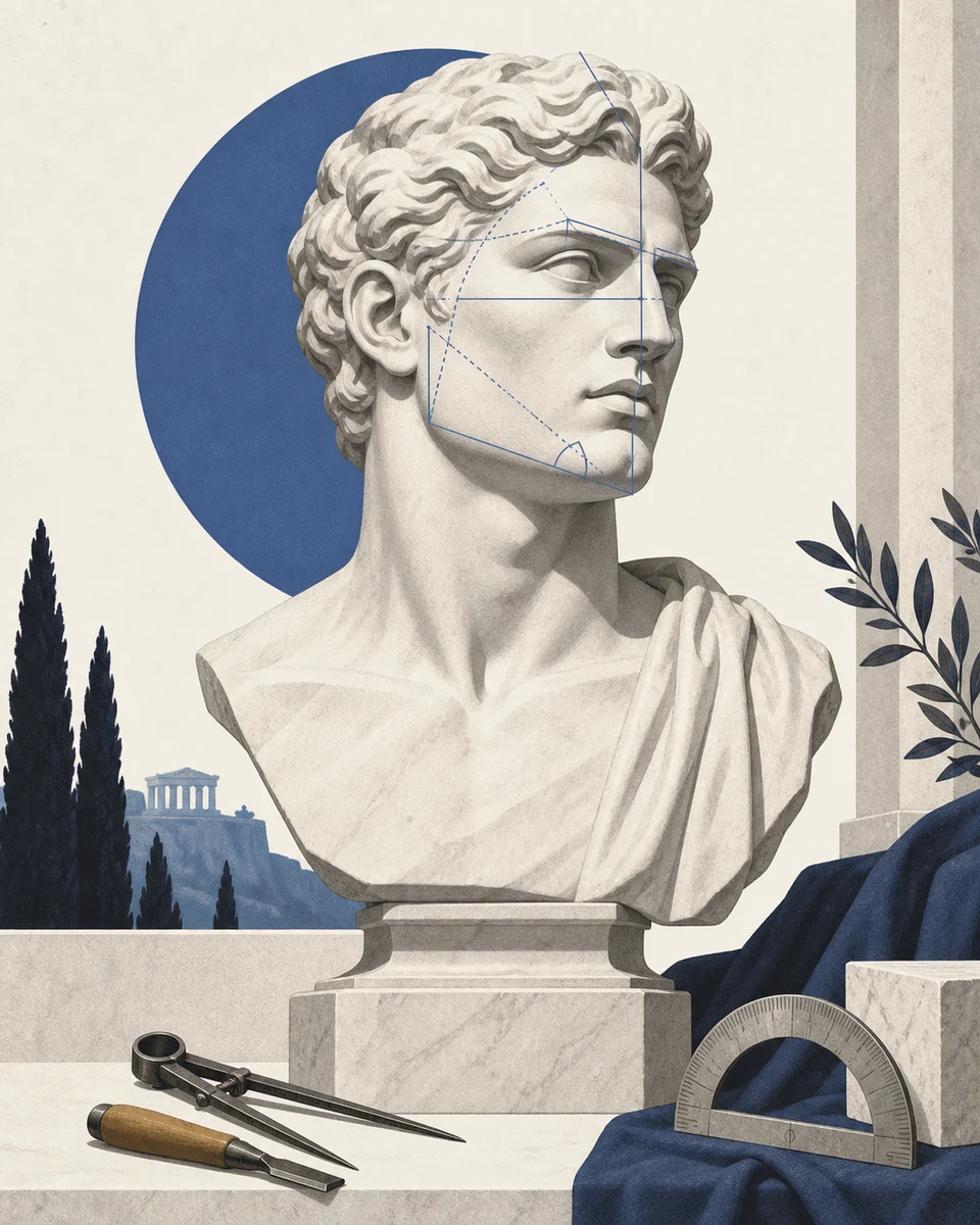 A classical marble bust with blue construction lines and angle arcs traced over the jaw, cheekbones and brow.