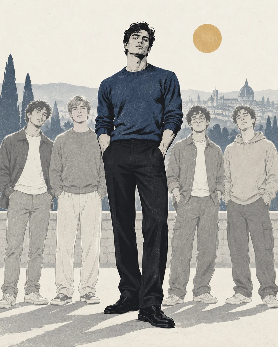 A group photo of five young men in which one is drawn much larger and sharper than the others.
