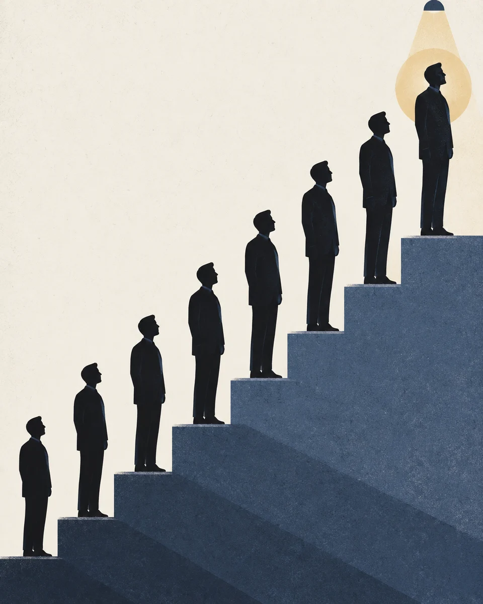 A staircase of eight steps, with identical silhouettes standing on different steps, the top one lit.