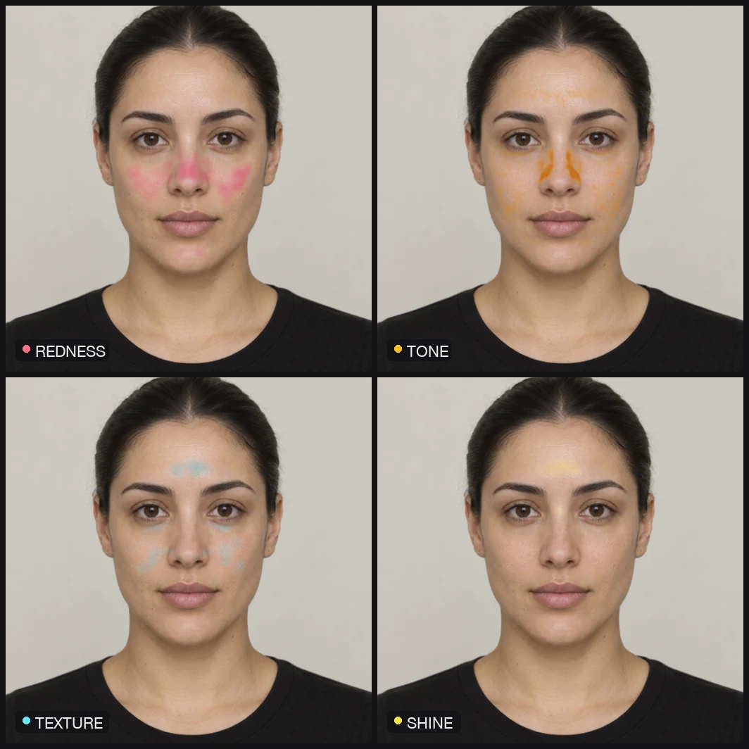 Example skin map: redness, tone, texture and shine drawn over one photo