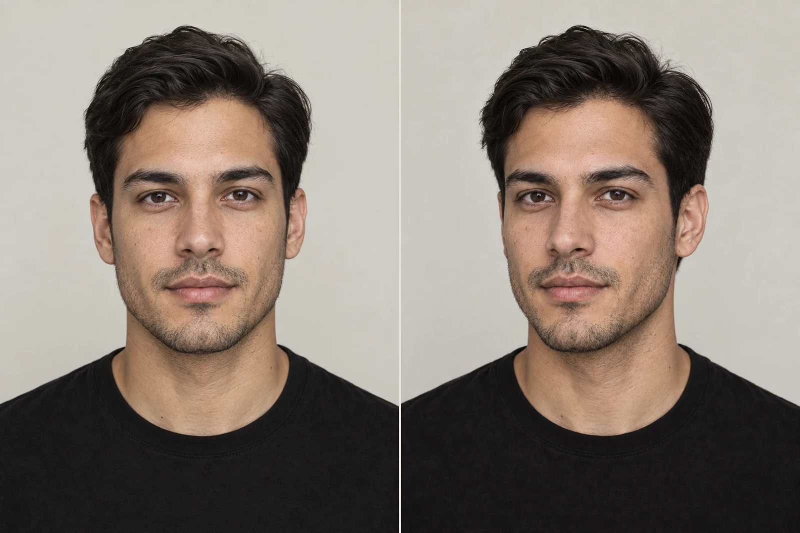 At rest (left), turned about 20 degrees to his right (right).