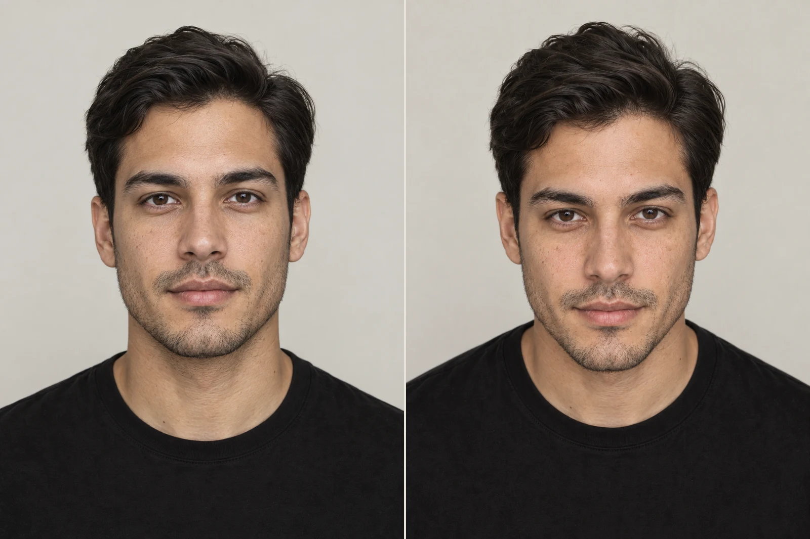At rest (left), chin dipped with the camera slightly above eye level (right).