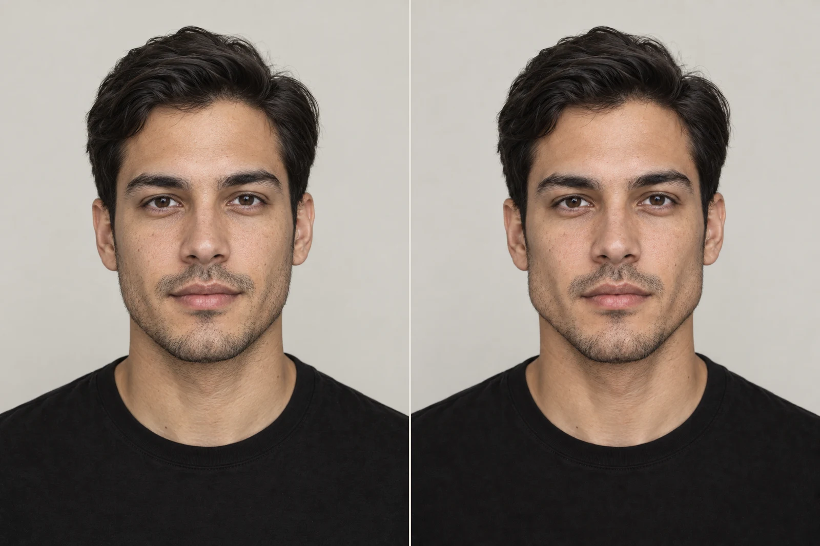 Example face. At rest (left), jaw pushed forward and clenched (right).