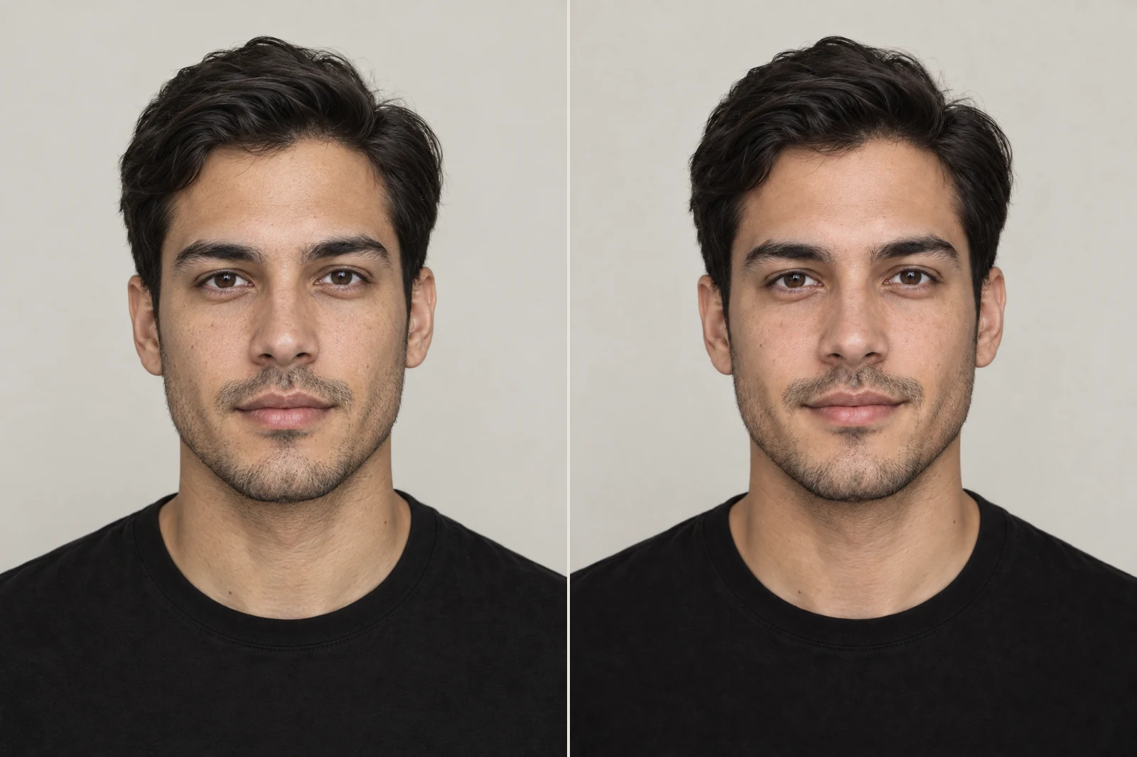 At rest (left), slight closed-mouth smile (right).